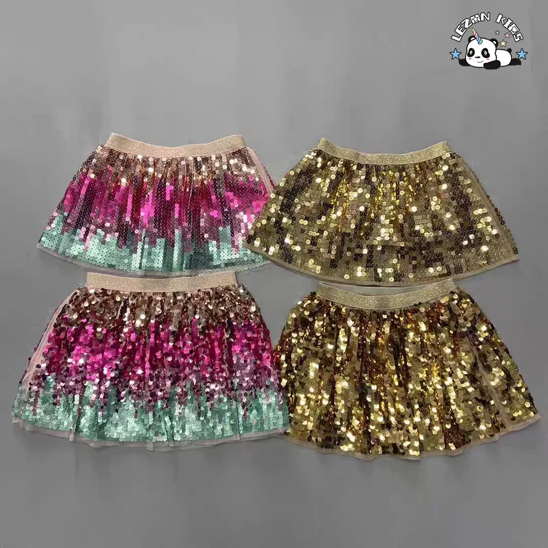 LEZONKIDS - Wholesale Cute Color Gradient Sequin Satin Short Skirts Girls Sexy Mini Party Wear Breathable Lace Skirts